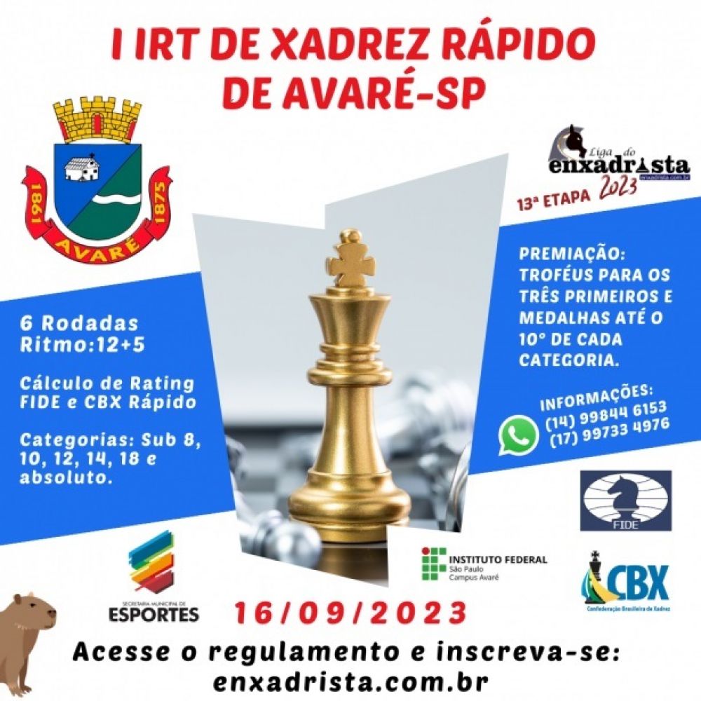 Avaré recebe torneio de xadrez rápido no sábado, 16